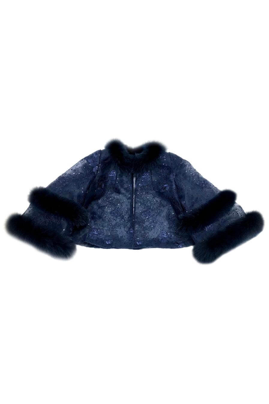 Fox Fur-Trim Navy Blue Lace Jacket